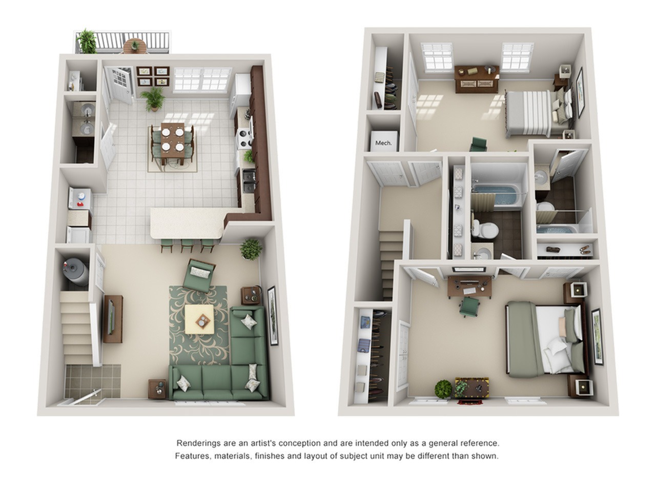 A 3D image of the 2BR/2.5BA floorplan, a 1300 squarefoot, 2 bed / 2 bath unit