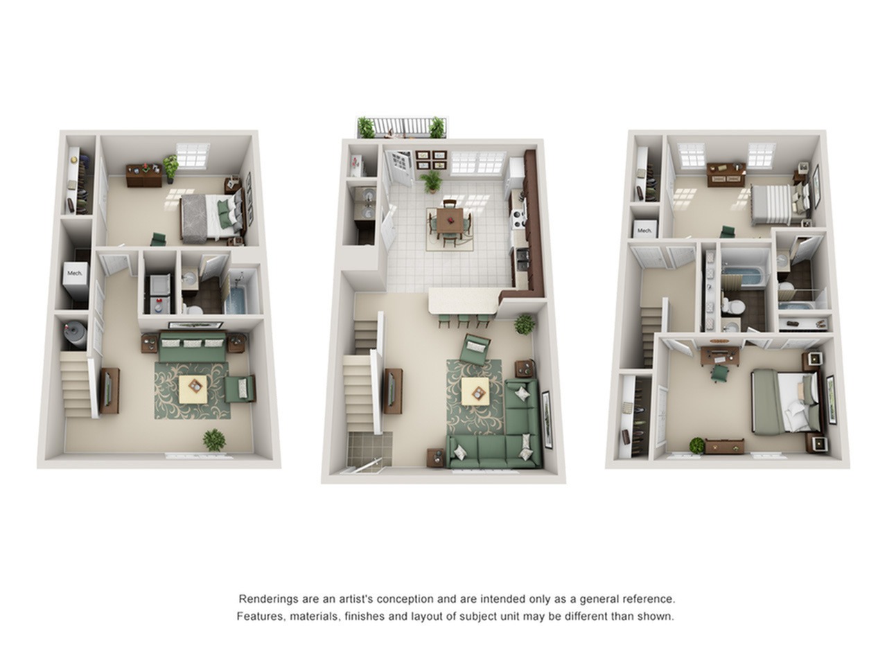 A 3D image of the 3BR/3.5BA floorplan, a 2000 squarefoot, 3 bed / 3 bath unit