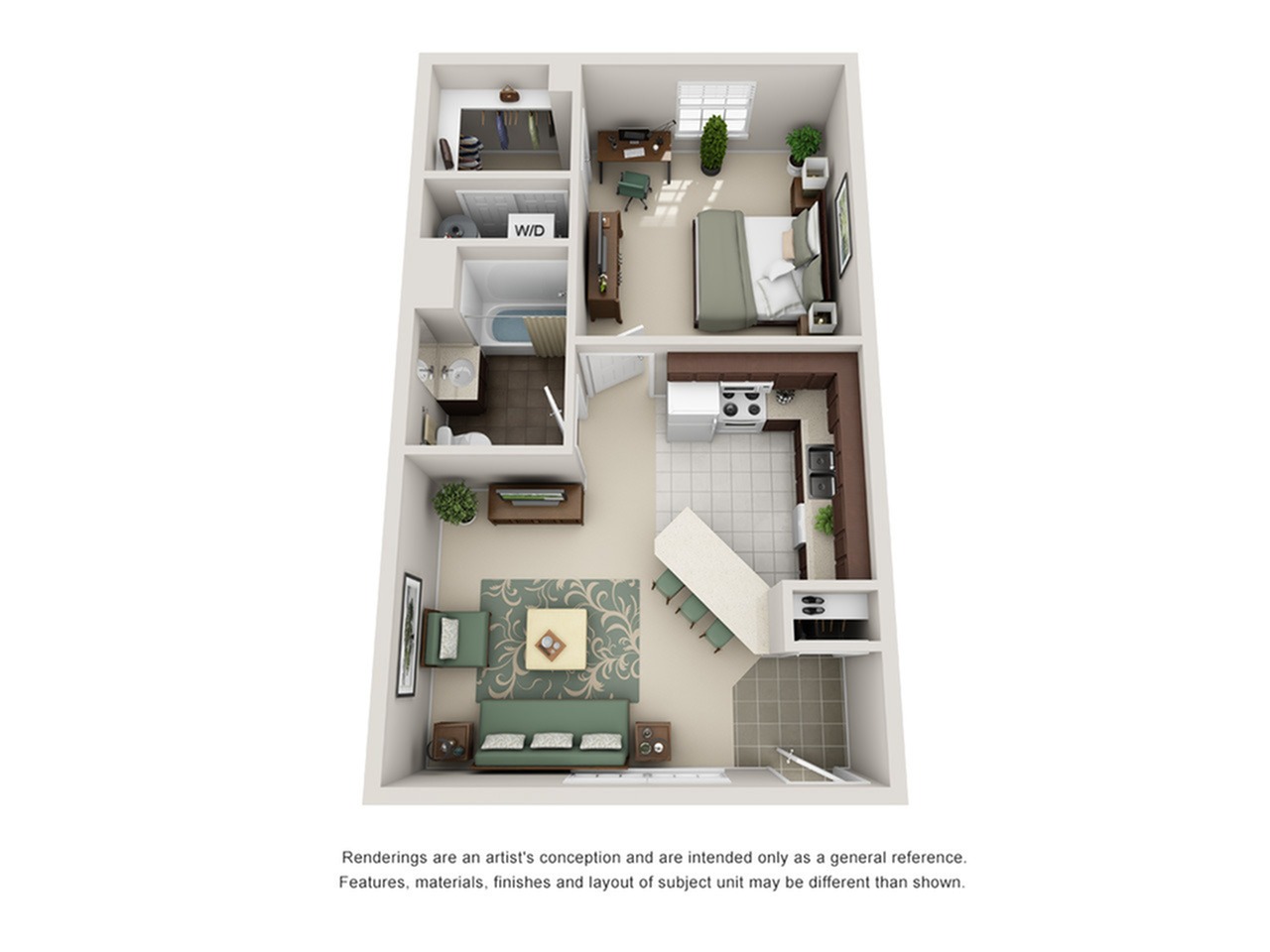 A 3D image of the 1BR/1BA floorplan, a 650 squarefoot, 1 bed / 1 bath unit