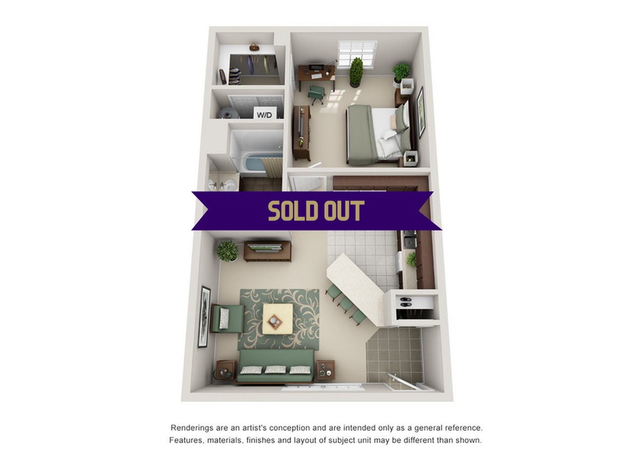 A 3D image of the 1BR/1BA – Upgraded floorplan, a 650 squarefoot, 1 bed / 1 bath unit